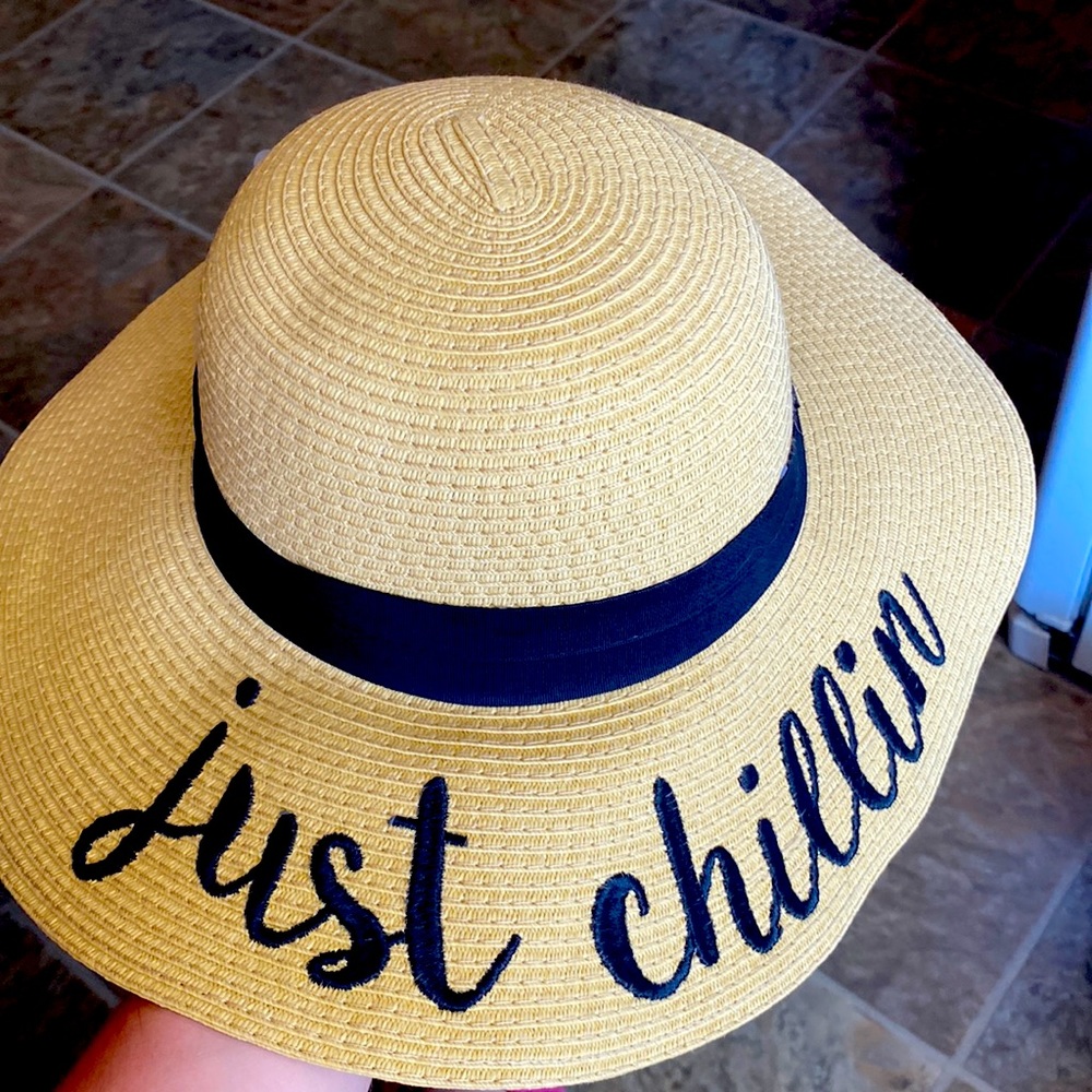 Womens sunhat with Just chillin embroidered on it
